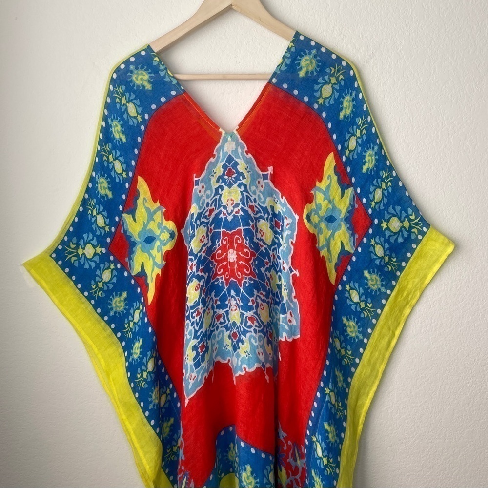 J. McLaughlin Yellow Blue Red Linen Blend Beach Cover Up Tunic Popover Kaftan - Picture 6 of 11
